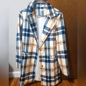 Blue, Maroon & Cream Plaid Coat Jacket By GYK Size S